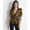 Womens Printed Puff-Sleeve V-Neck Blouse