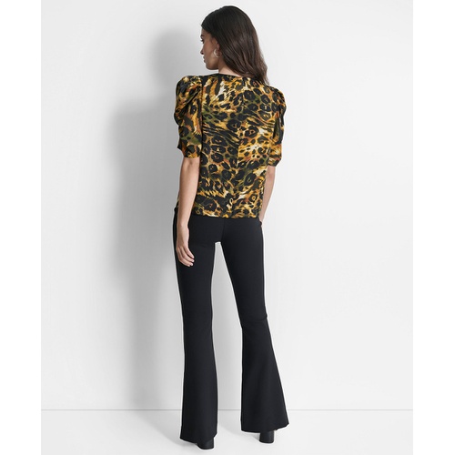 DKNY Womens Printed Puff-Sleeve V-Neck Blouse