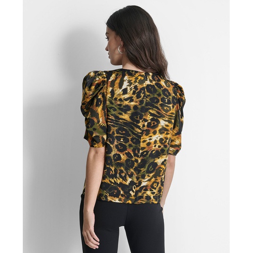 DKNY Womens Printed Puff-Sleeve V-Neck Blouse