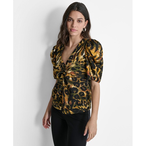 DKNY Womens Printed Puff-Sleeve V-Neck Blouse