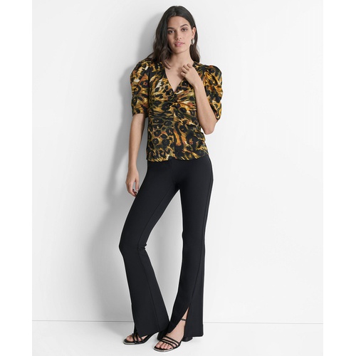 DKNY Womens Printed Puff-Sleeve V-Neck Blouse