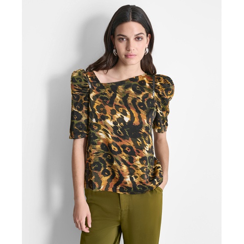 DKNY Womens Printed Asymmetric Zip-Shoulder Blouse