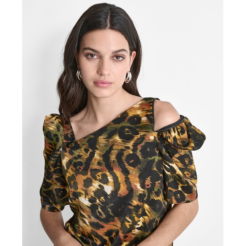 DKNY Womens Printed Asymmetric Zip-Shoulder Blouse