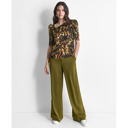 DKNY Womens Printed Asymmetric Zip-Shoulder Blouse