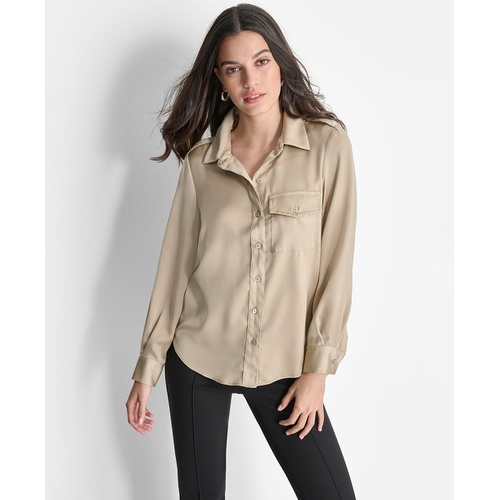 DKNY Womens Long-Sleeve Button-Front Blouse