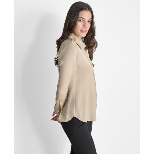 DKNY Womens Long-Sleeve Button-Front Blouse