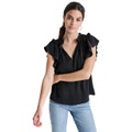 Womens Ruffle-Trim Split-Neck Top