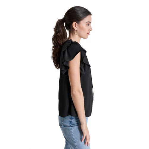 DKNY Womens Ruffle-Trim Split-Neck Top