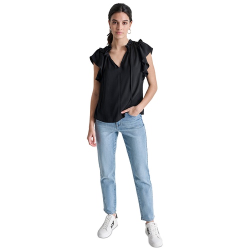 DKNY Womens Ruffle-Trim Split-Neck Top