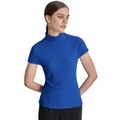 Womens Puckered Knit Mock Neck Cap-Sleeve Top