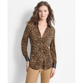 Womens Animal-Print Knot-Front Faux-Leather-Trimmed Collared Top