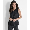 Womens Sleeveless Button-Front Pleated Top