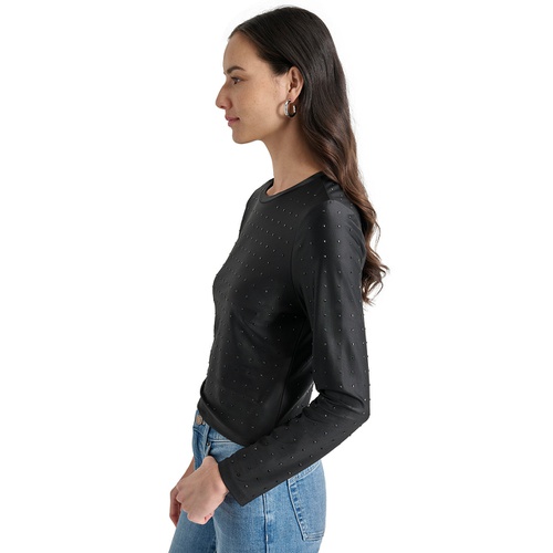 DKNY Womens Studded Crewneck Long-Sleeve Top