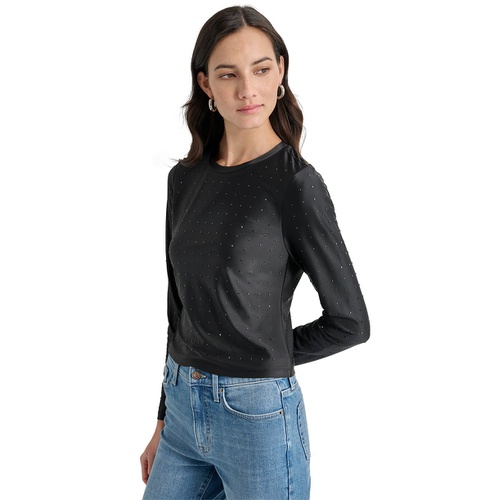 DKNY Womens Studded Crewneck Long-Sleeve Top