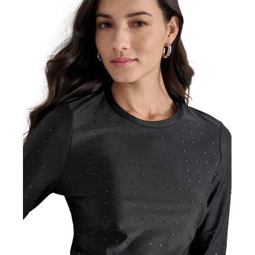 DKNY Womens Studded Crewneck Long-Sleeve Top