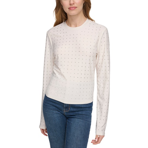 DKNY Womens Studded Crewneck Long-Sleeve Top