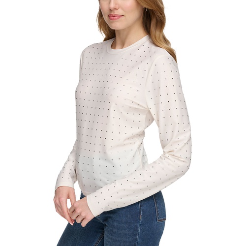 DKNY Womens Studded Crewneck Long-Sleeve Top