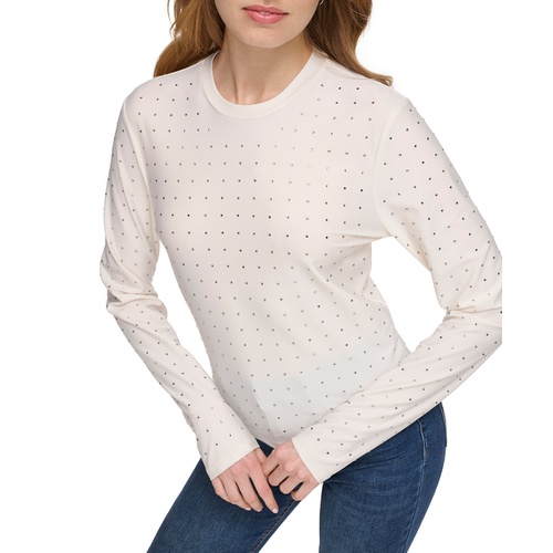 DKNY Womens Studded Crewneck Long-Sleeve Top