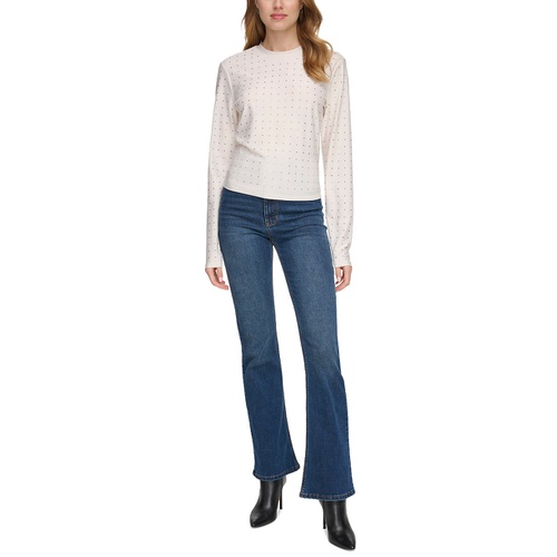 DKNY Womens Studded Crewneck Long-Sleeve Top