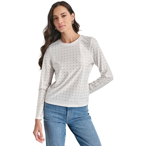 DKNY Womens Studded Crewneck Long-Sleeve Top