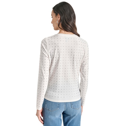 DKNY Womens Studded Crewneck Long-Sleeve Top