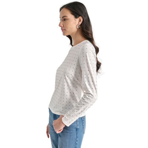 DKNY Womens Studded Crewneck Long-Sleeve Top