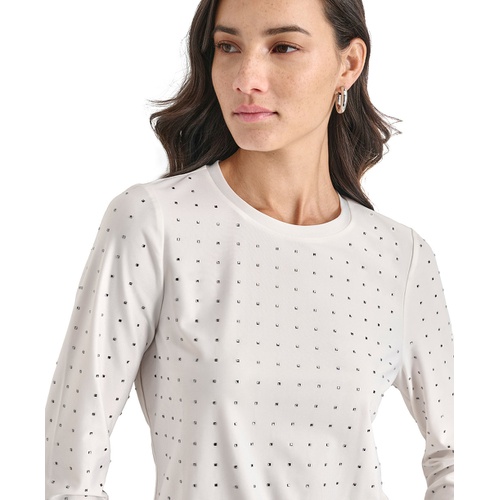 DKNY Womens Studded Crewneck Long-Sleeve Top