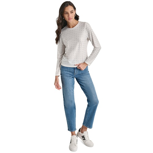 DKNY Womens Studded Crewneck Long-Sleeve Top