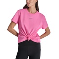 Womens Cotton Rhinestone-Logo Knot-Front T-Shirt