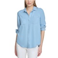 Womens Roll-Tab-Sleeve Button-Front Shirt