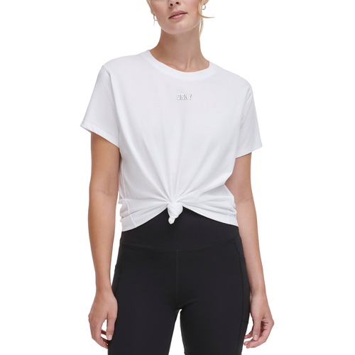 DKNY Womens Knot-Front Metallic Logo T-Shirt