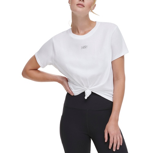 DKNY Womens Knot-Front Metallic Logo T-Shirt