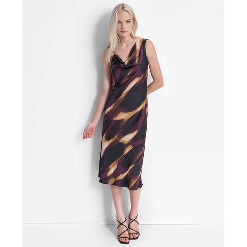 DKNY Womens Printed Sleeveless Cowlneck Midi Dress