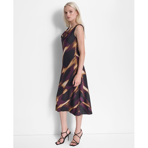 DKNY Womens Printed Sleeveless Cowlneck Midi Dress