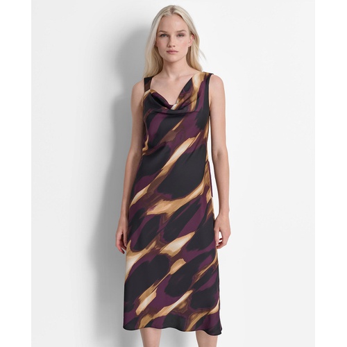 DKNY Womens Printed Sleeveless Cowlneck Midi Dress