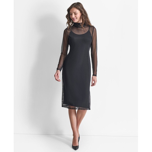 DKNY Womens Turtleneck Long-Sleeve Mesh Dress