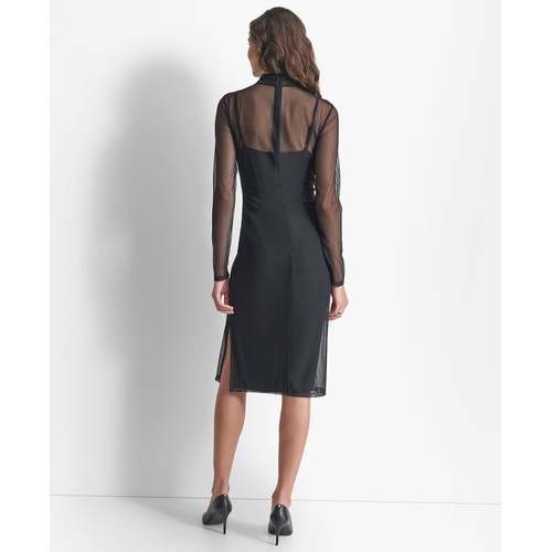 DKNY Womens Turtleneck Long-Sleeve Mesh Dress