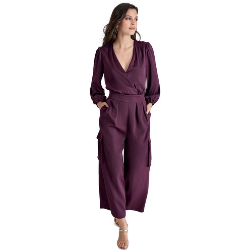 DKNY Womens Surplice-Neck Long-Sleeve Utility Jumpsuit