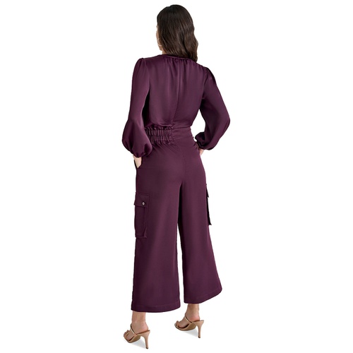 DKNY Womens Surplice-Neck Long-Sleeve Utility Jumpsuit