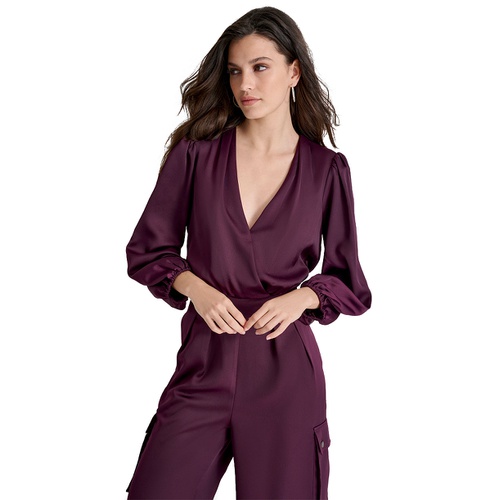 DKNY Womens Surplice-Neck Long-Sleeve Utility Jumpsuit