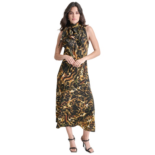 DKNY Womens Sleeveless Printed Tie-Neck Midi Dress