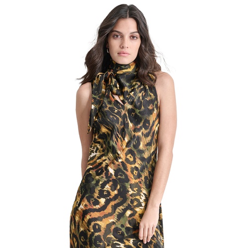 DKNY Womens Sleeveless Printed Tie-Neck Midi Dress