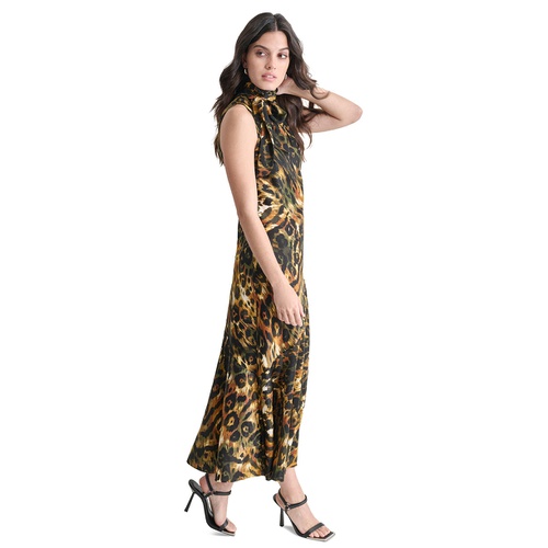 DKNY Womens Sleeveless Printed Tie-Neck Midi Dress