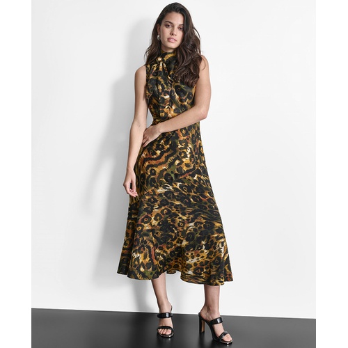 DKNY Womens Sleeveless Printed Tie-Neck Midi Dress