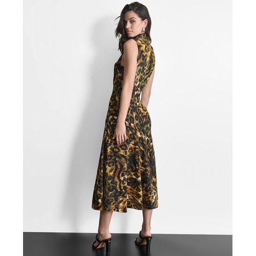 DKNY Womens Sleeveless Printed Tie-Neck Midi Dress