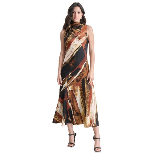 DKNY Womens Sleeveless Printed Tie-Neck Midi Dress