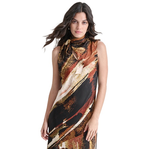 DKNY Womens Sleeveless Printed Tie-Neck Midi Dress