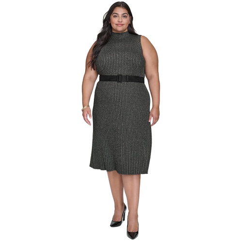 DKNY Plus Size Ribbed Mock Neck Belted Midi Dress