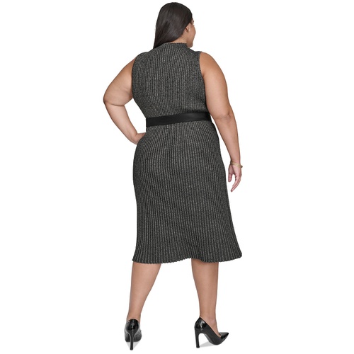 DKNY Plus Size Ribbed Mock Neck Belted Midi Dress