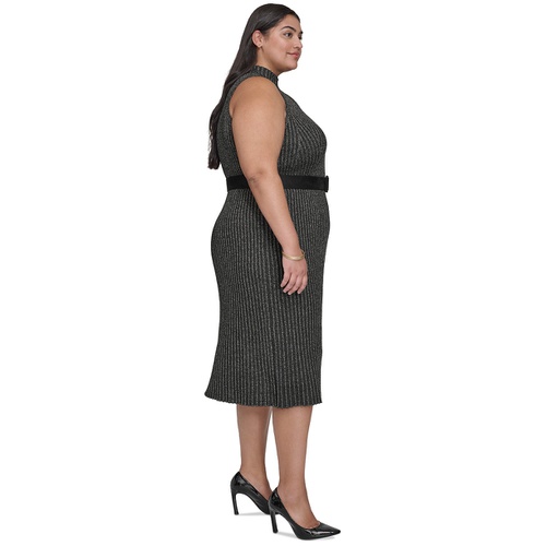 DKNY Plus Size Ribbed Mock Neck Belted Midi Dress